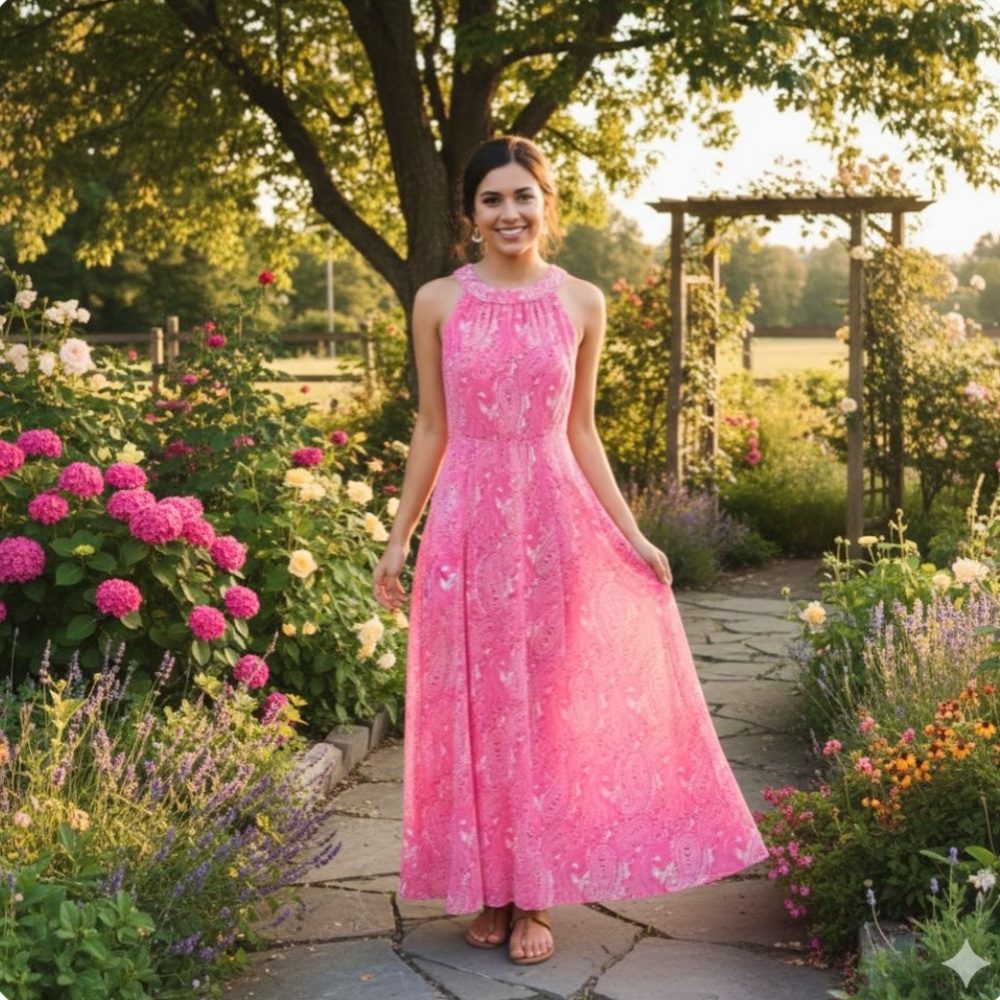 Tommy Hilfiger Pink Paisley Halter Maxi Dress — Summer Garden Gown